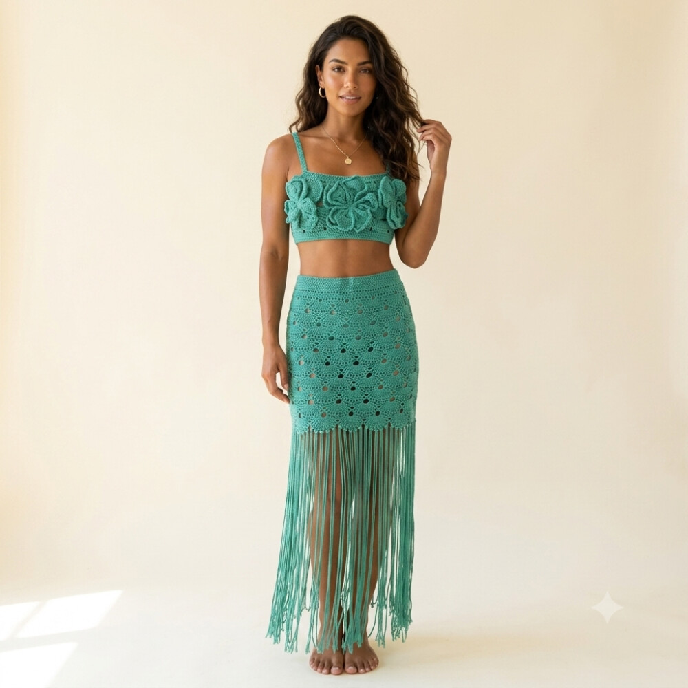 Saia e Cropped Crochê verde tiffany Franjas