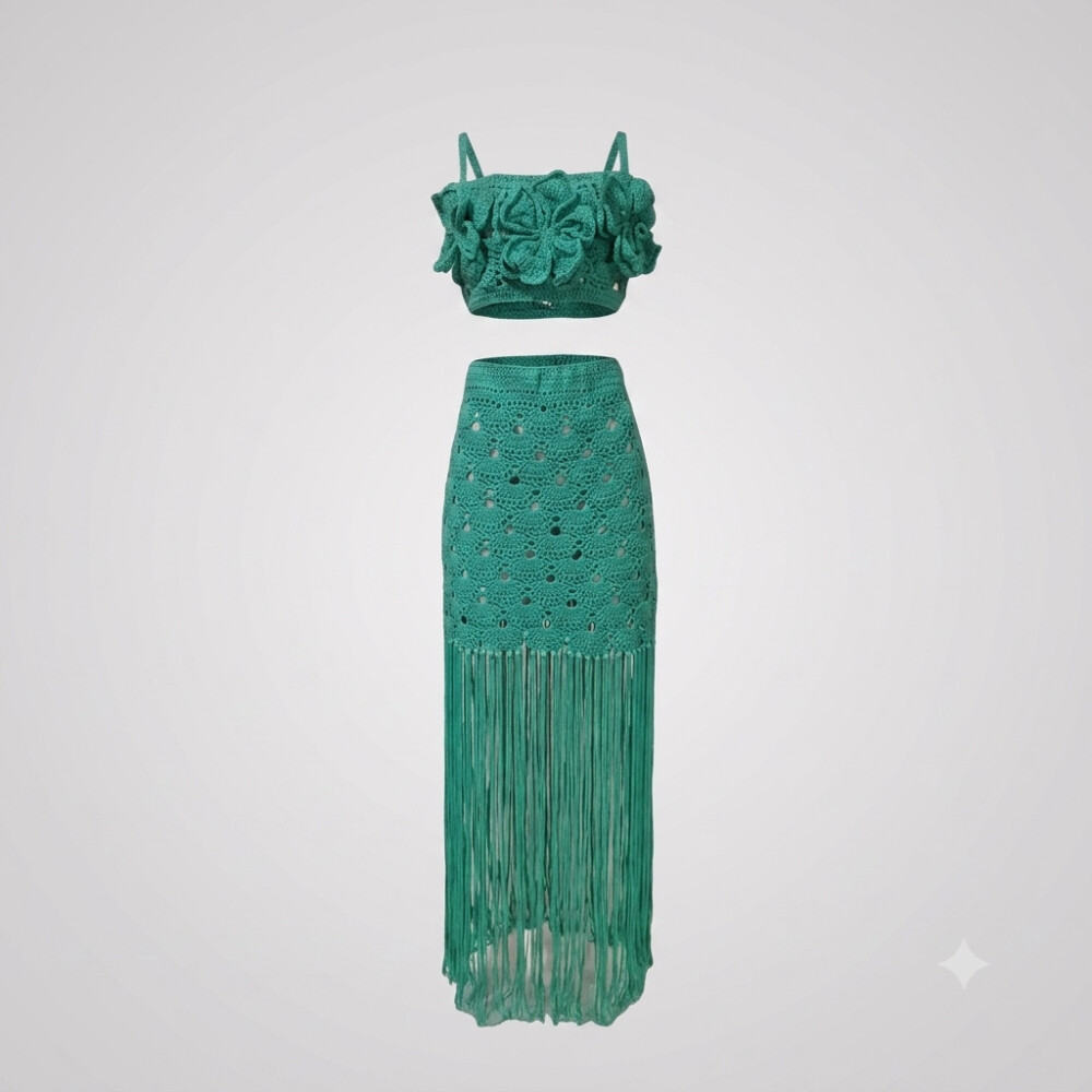 Saia e Cropped Crochê verde tiffany Franjas