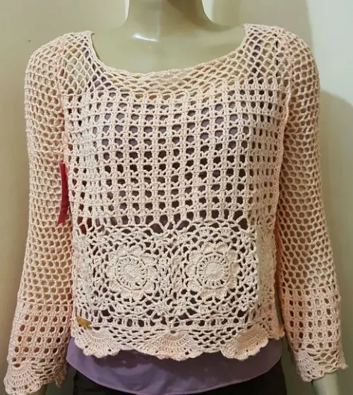Blusa de Crochê Manga Longa
