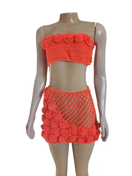 Conjunto Cropped e Saia de Crochê 3d
