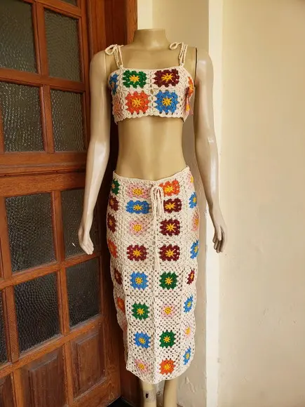 Conjunto Cropped E Saia De Crochê