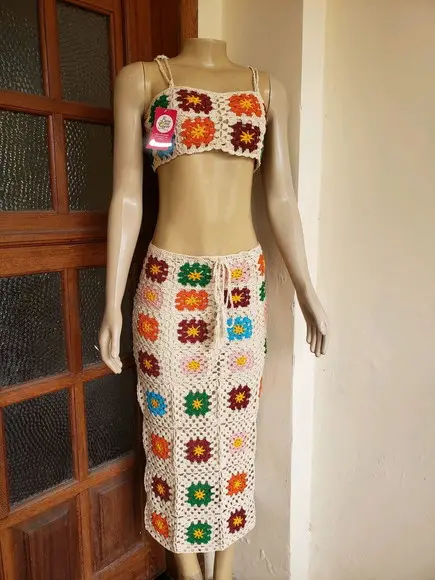 Conjunto Cropped E Saia De Crochê