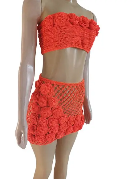Conjunto Cropped e Saia de Crochê 3d
