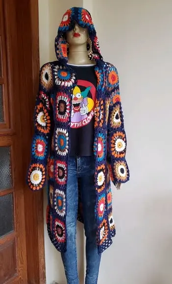 Sobretudo Kimono Squares Crochê