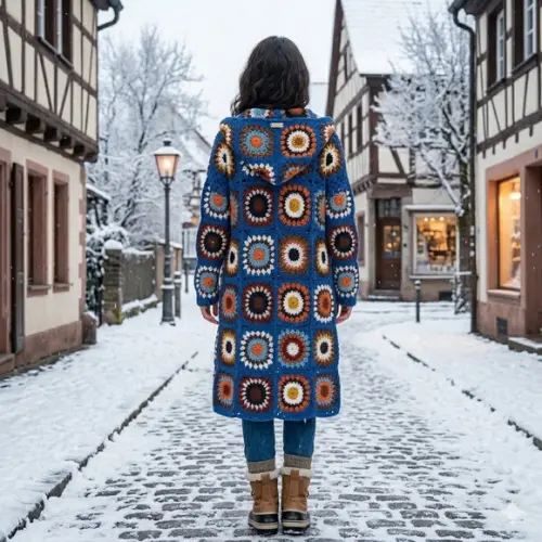 Sobretudo Kimono Squares Crochê