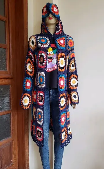 Sobretudo Kimono Squares Crochê