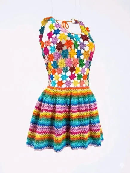 Vestido Colorido de Crochê