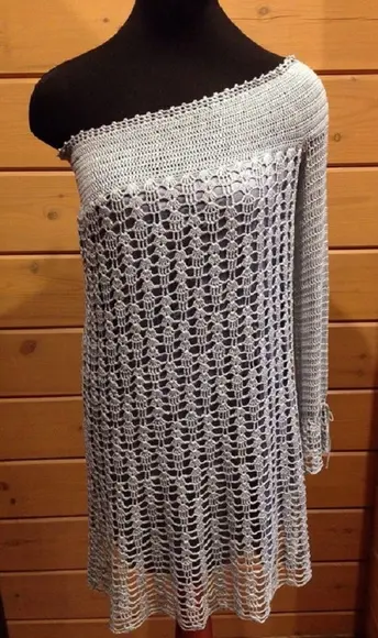 Vestido Crochê Ombro 100% Seda De Poliamida