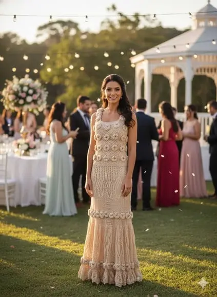 Vestido Longo Rodado Crochê