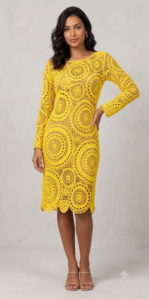 Vestido Amarelo Crochê Adulto