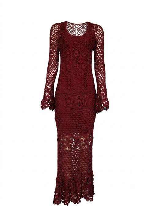 Vestido Bordô Marsala Crochê Adulto 100% Seda Polimiada