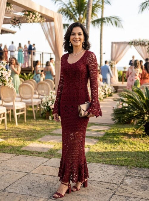 Vestido Bordô Marsala Crochê Adulto 100% Seda Polimiada