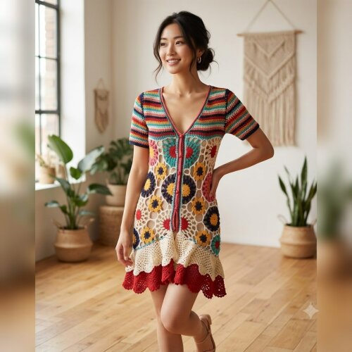 Vestido Colorido com babado Crochê Adulto