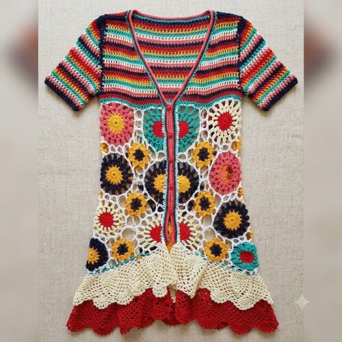 Vestido Colorido com babado Crochê Adulto