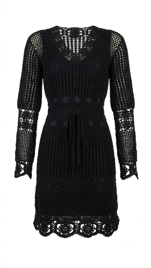 Vestido Preto Midi  Crochê Dolce