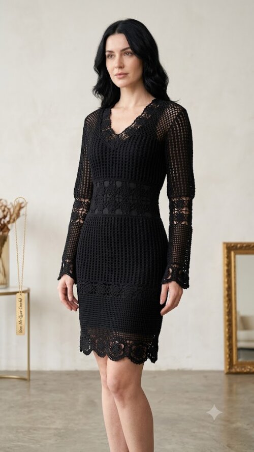 Vestido Preto Midi  Crochê Dolce