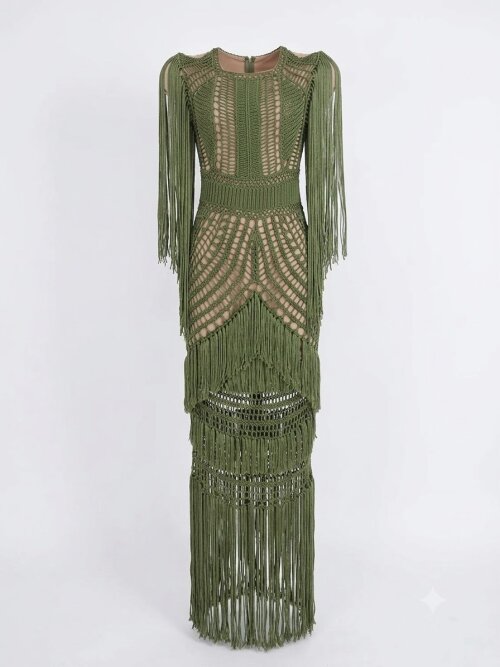 Vestido Crochê Longo Verde com Franjas