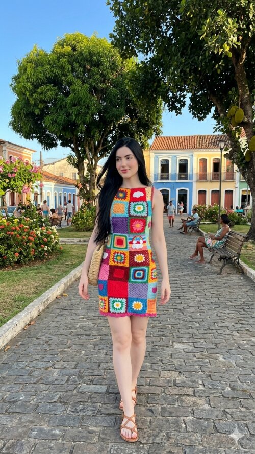 Vestido Squares colorido de Crochê Apliques