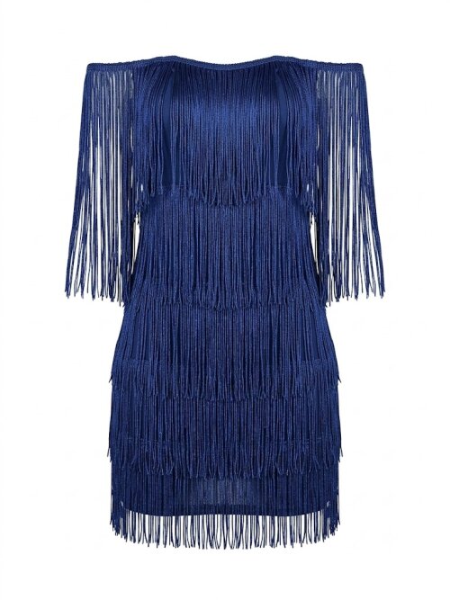 Vestido Crochê azul com franjas Franjas