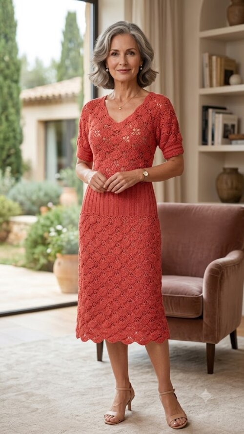 Vestido Crochê vermelho midi