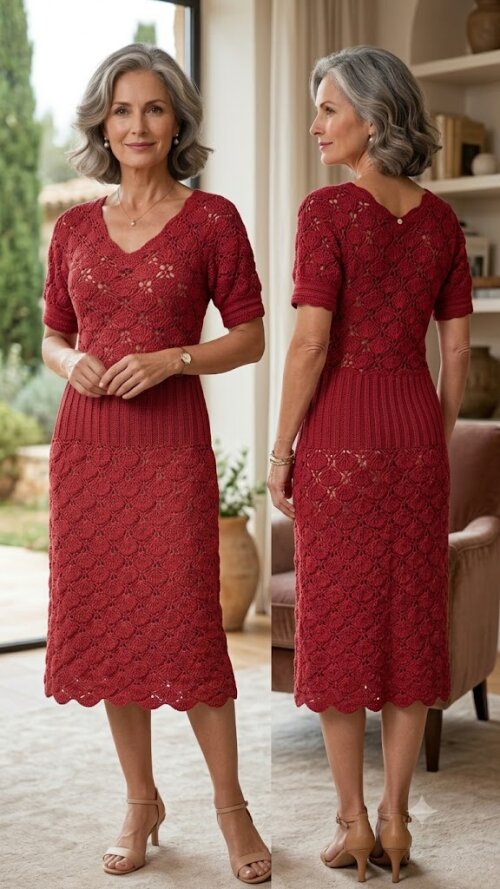 Vestido Crochê vermelho midi