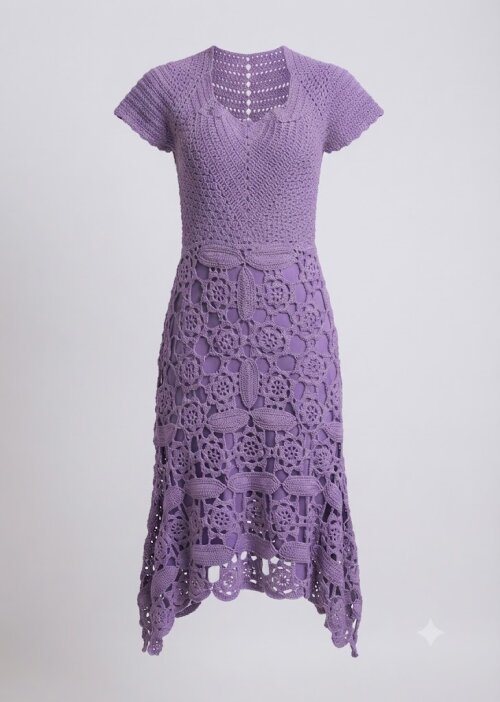 Vestido de Crochê Lilás Barra Assimétrica Flores