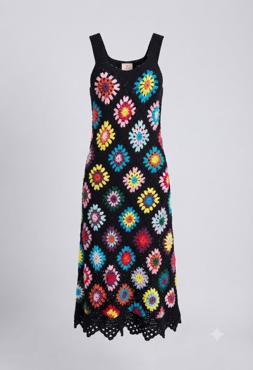Vestido Crochê Evasé Squares Colorido