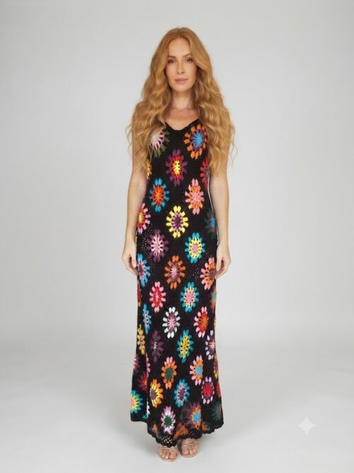 Vestido Crochê Evasé Longo Colorido Costa Nua