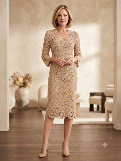 Vestido Crochê para Madrinha com Zíper Nude