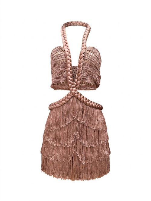 Vestido Bege Marrom Nude Crochê Adulto Franjas