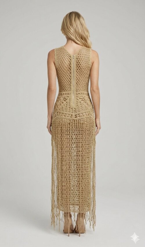 Vestido Crochê dourado longo com franjas