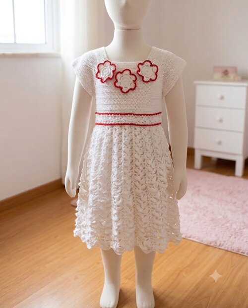 Vestido Infantil de Crochê Branco com Detalhes Vermelhos