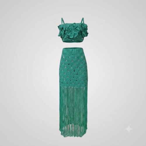 Saia e Cropped Crochê verde tiffany Franjas