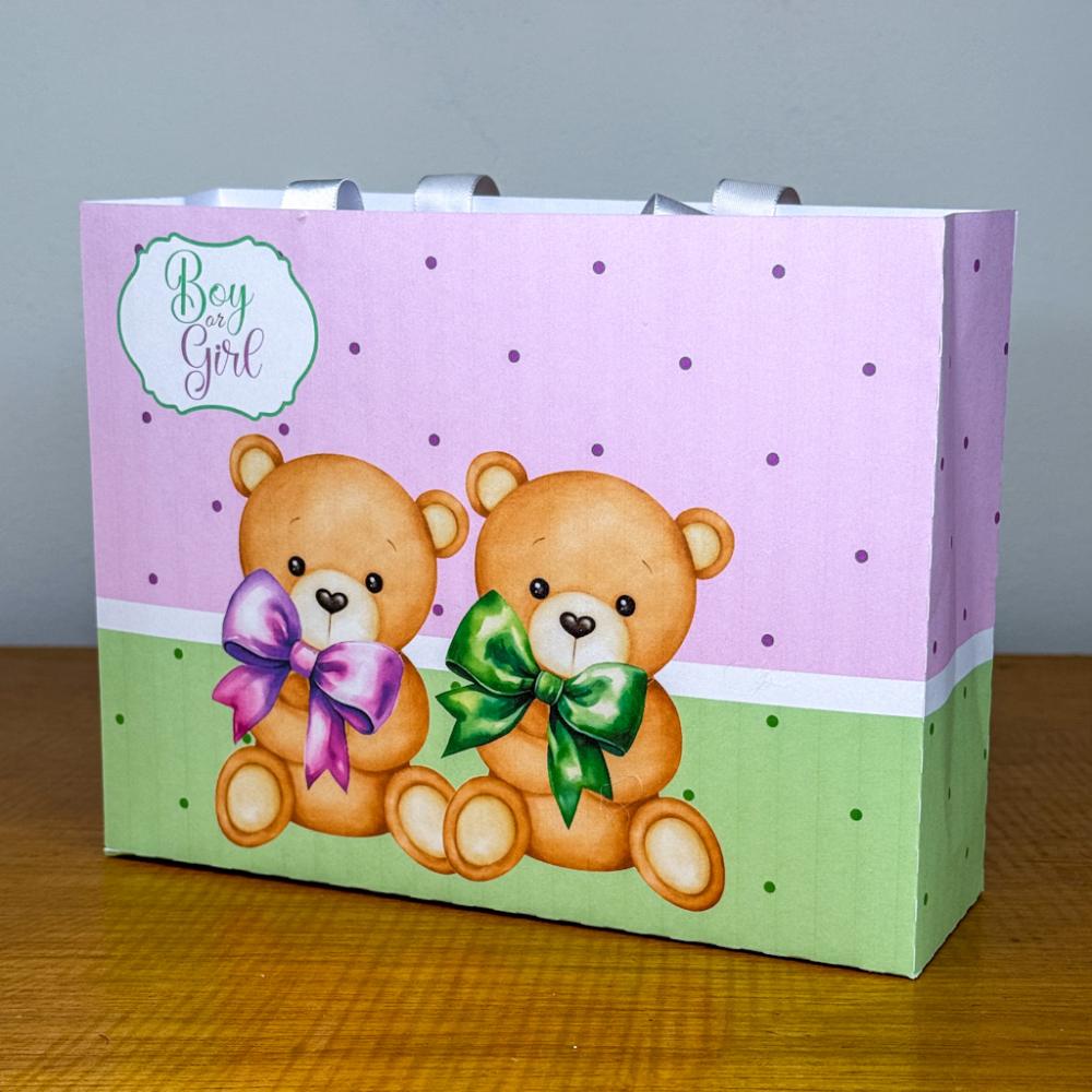 Sacolinha Personalizada Chá Revelação Lilás e Verde