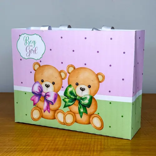 Sacolinha Personalizada Chá Revelação Lilás e Verde