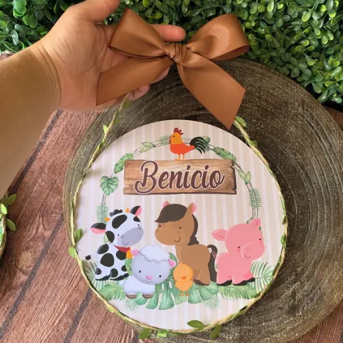 Placa Redonda Porta Maternidade Especial Fazendinha Folhas