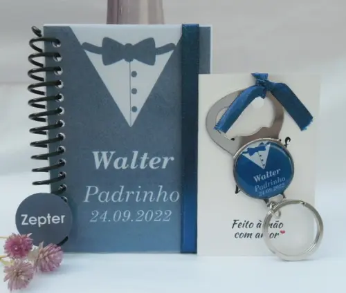 10 Kits Padrinhos de Casamento Bloquinho e Chaveiro Abridor