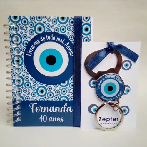 Kit de Aniversário Olho Grego Bloquinho e Chaveiro Abridor