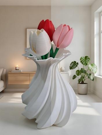 Kit Vaso 3d Espiral com Tulipas Coloridas