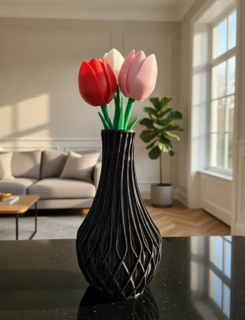 Vaso Escultural 3d +tulipas Coloridas