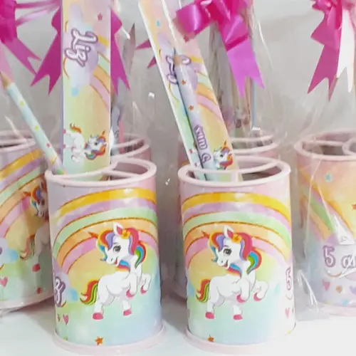 30 Porta Lápis + Kit Escolar Personalizado Tema Unicórnio