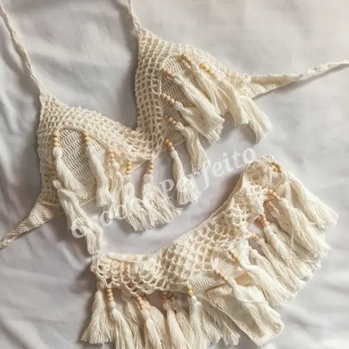 Biquíni de Crochê Dourado Luxo Sob Medida com Bojo e Forro |