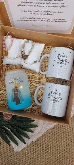 Caixa Padrinhos ou Avós com Luminária, Caneca e Terços