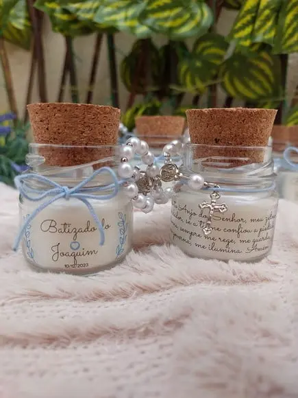 Vela 40 ml Artesanal para Batizado com Mini Terço