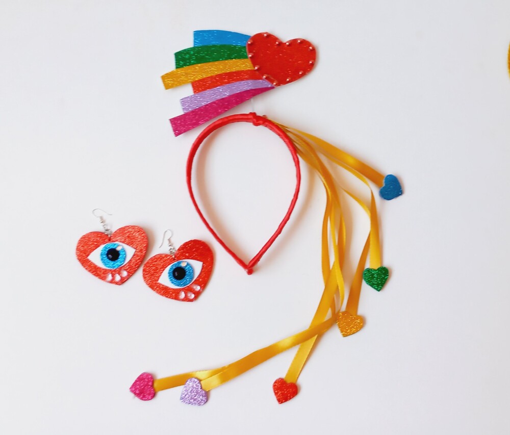 kit tiara + brincos arco iris amor carnaval