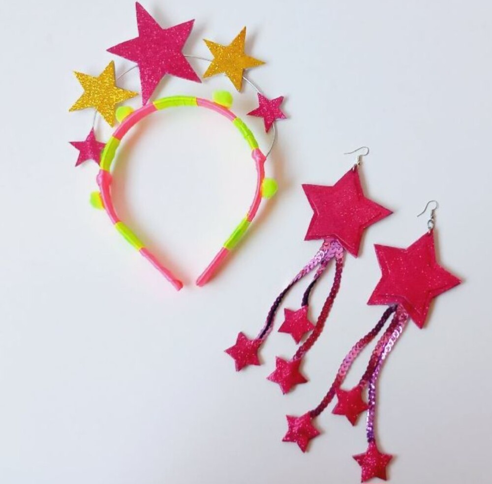 kit tiara + brincos estrela neon carnaval