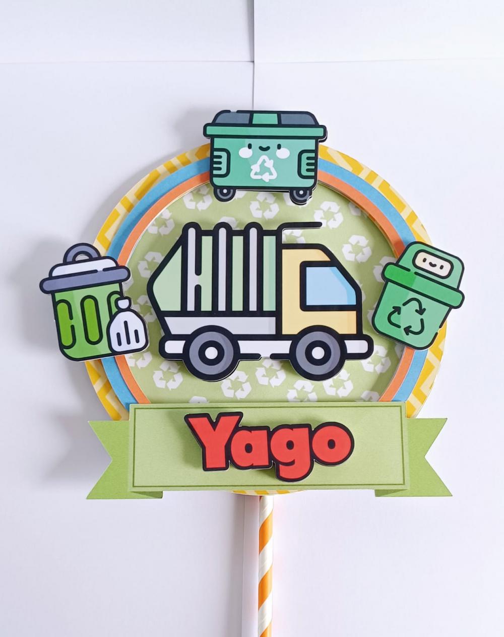 Topo de Bolo Personalizado Caminhão do Lixo