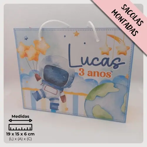 20 Un. Sacolinha Personalizada para Lembrancinha de Aniversário Infantil Astronauta Aquarela