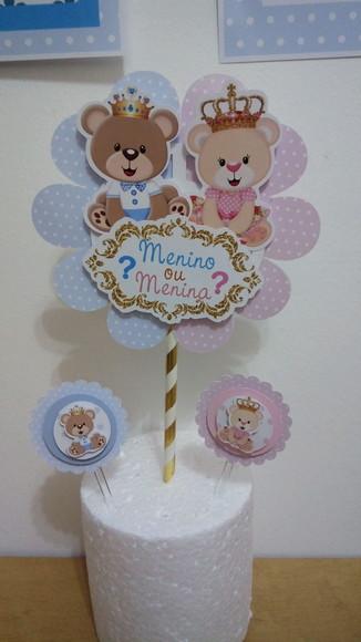 Kit Topo de Bolo + Topper Doces Ursinho Chá Revelação