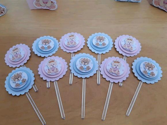 Kit Topo de Bolo + Topper Doces Ursinho Chá Revelação